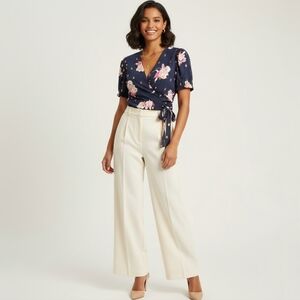 NWT Harvé Benard Navy & Pink Floral Faux Wrap Top w/ Gold Foil - Size SP